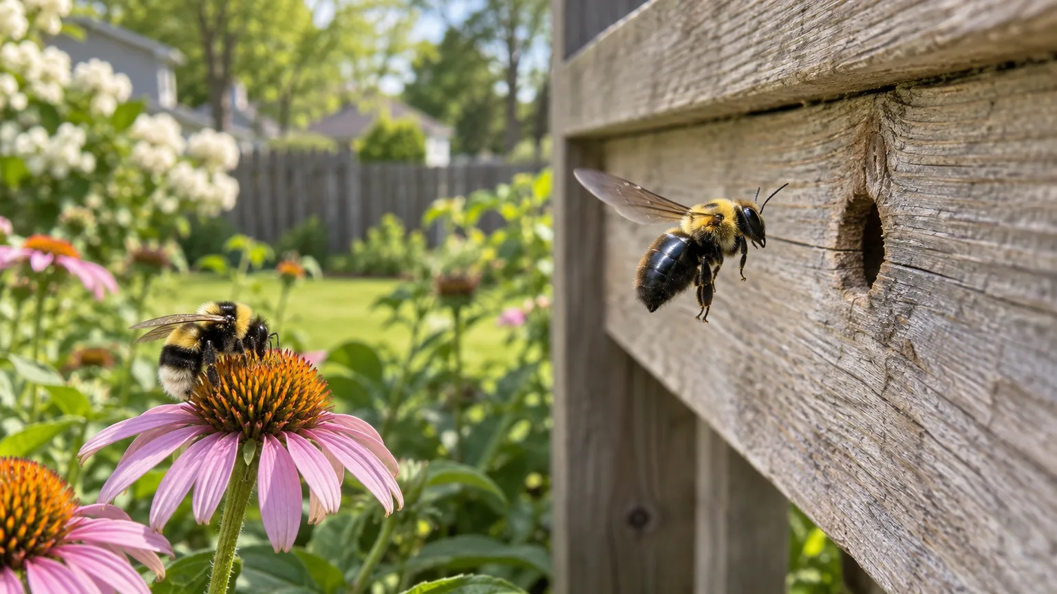 Carpenter bee near a wood gallery while a fuzzy bumble bee forages on a flower in a backyard
