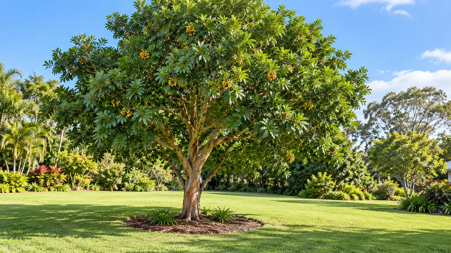 Mature carrotwood growing in a sunny open lawn with space for its rounded canopy