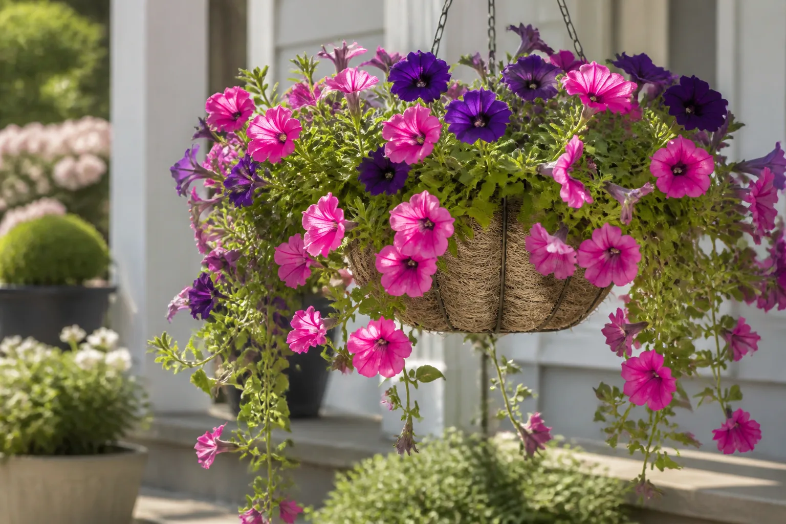 Trailing petunias cascading over the rim of a spring container