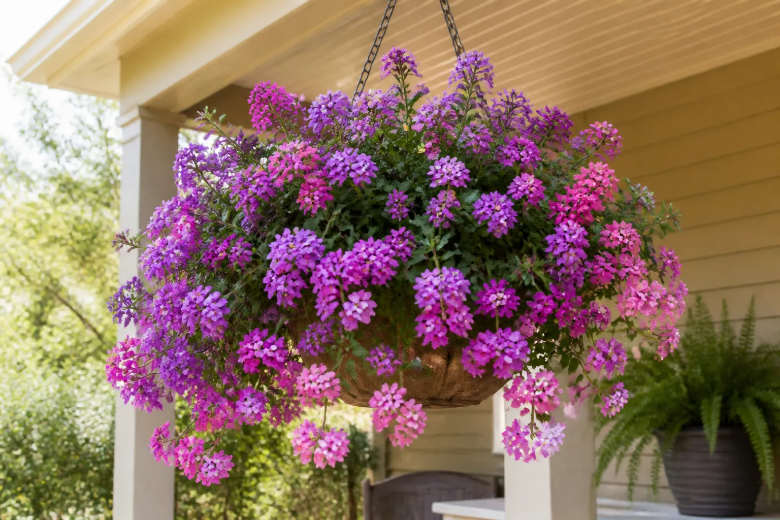 Mixed summer container with trailing verbena and upright annual flowers