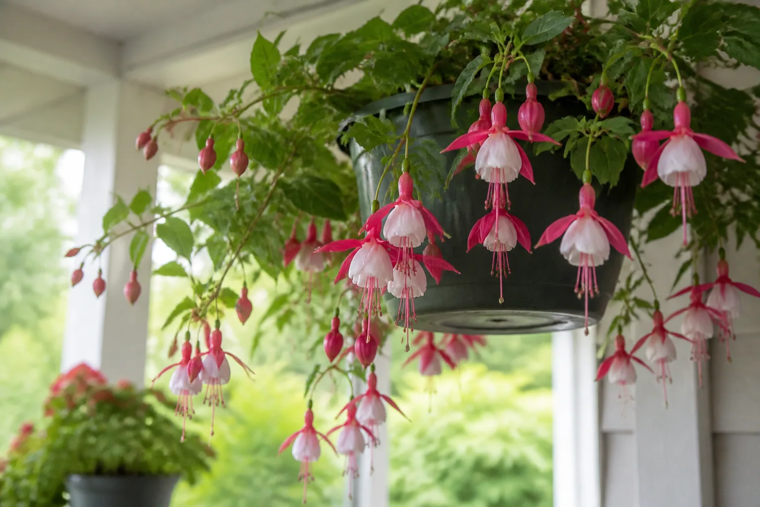 Trailing fuchsia with pink and purple pendant flowers cascading from a shaded hanging basket