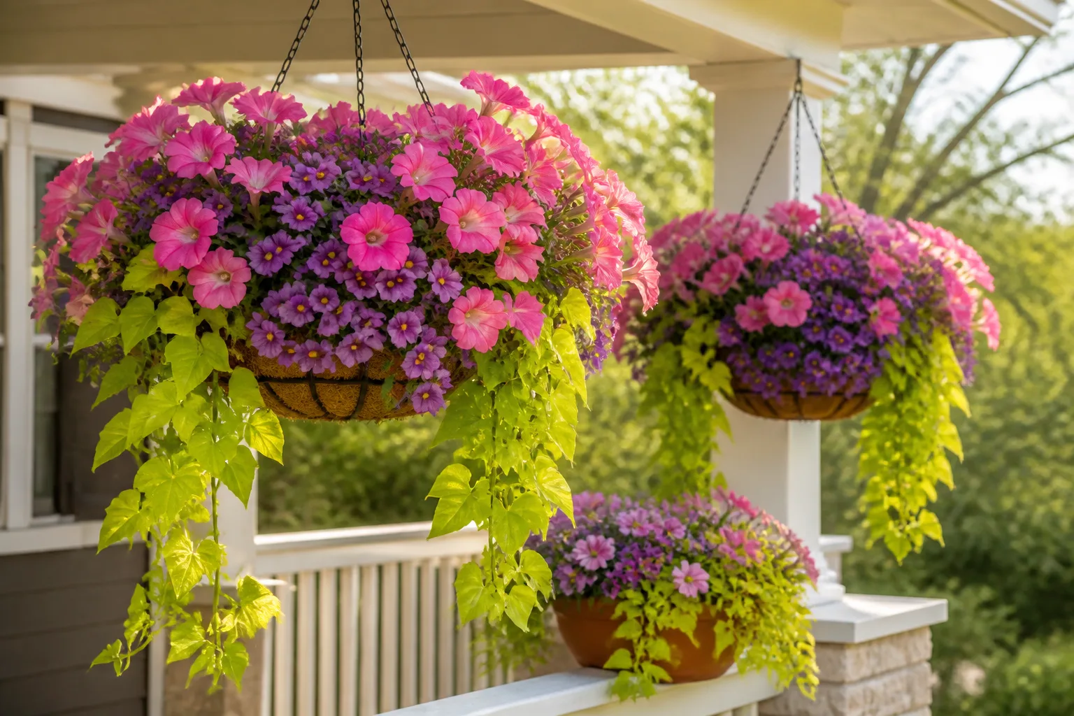 Lush pink and purple flowers spilling from a hanging basket on a porch