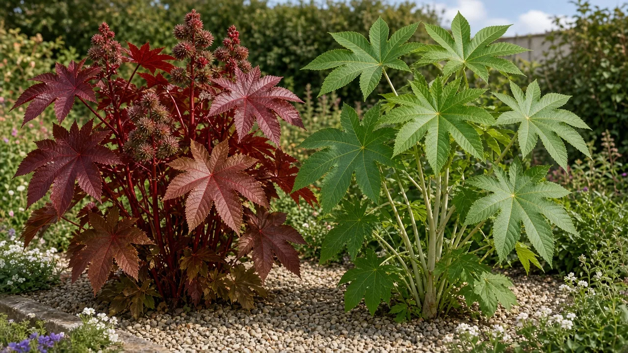 Bronze-red and green castor bean cultivars side by side in a sunny garden border