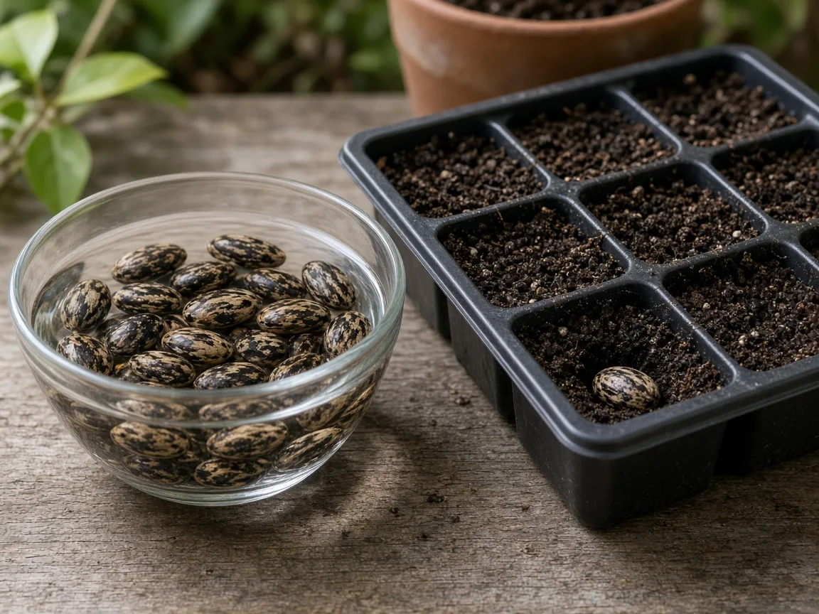 Mottled castor bean seeds soaking in water beside a seed tray ready for sowing