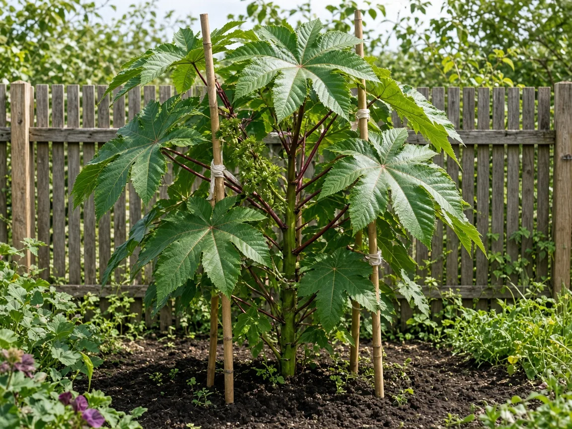 Tall castor bean plant staked with bamboo supports near a wind-sheltering fence