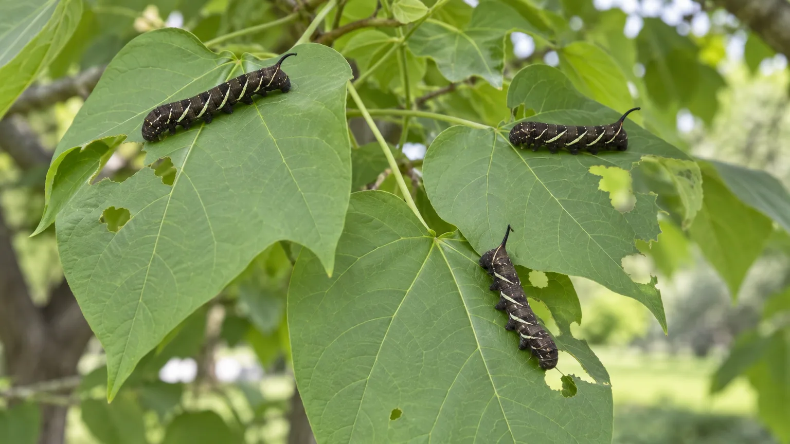 Catalpa sphinx caterpillars feeding on the large leaves of a catalpa tree