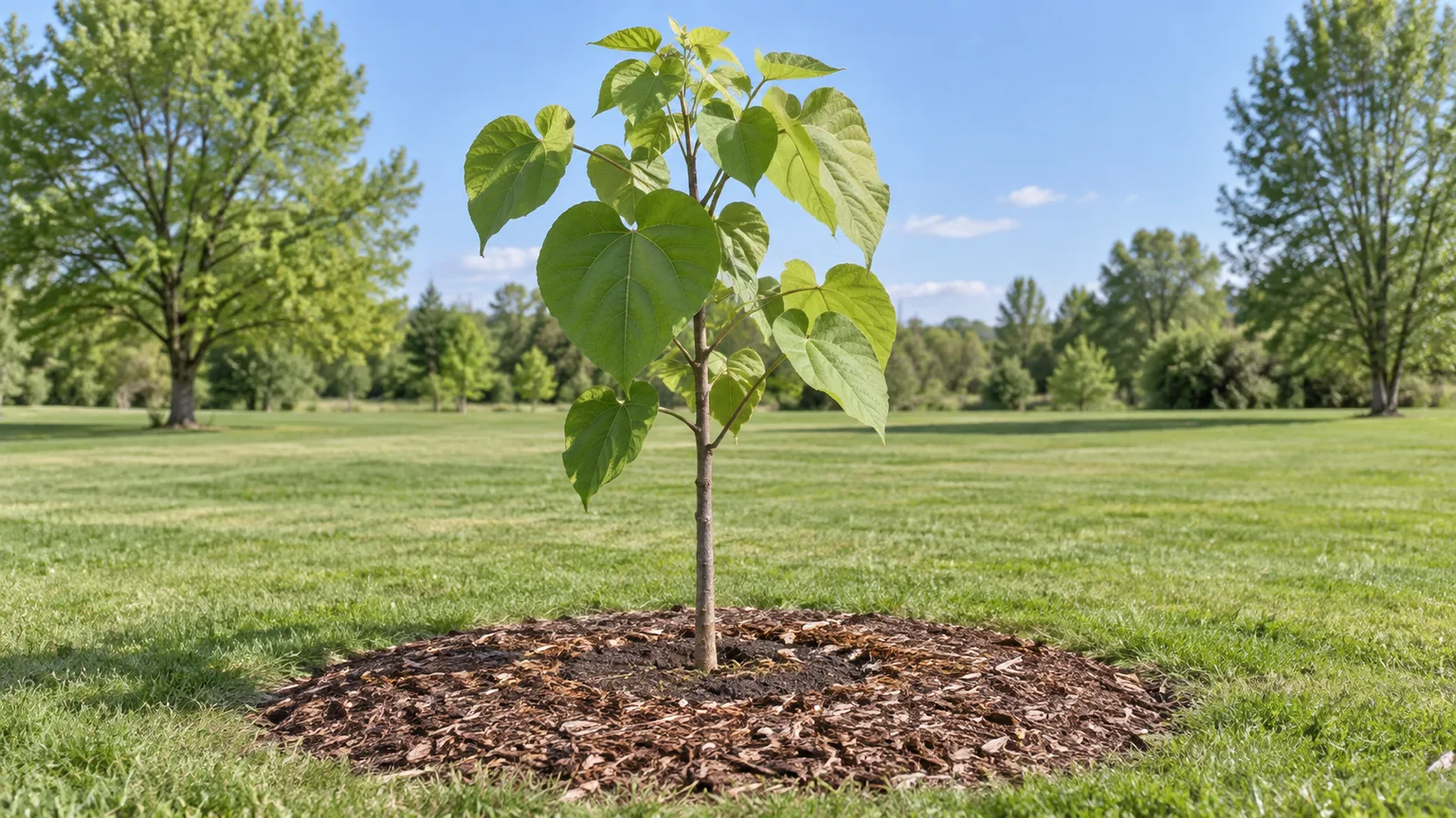 A young catalpa with large heart-shaped leaves planted in an open lawn with a broad mulch ring