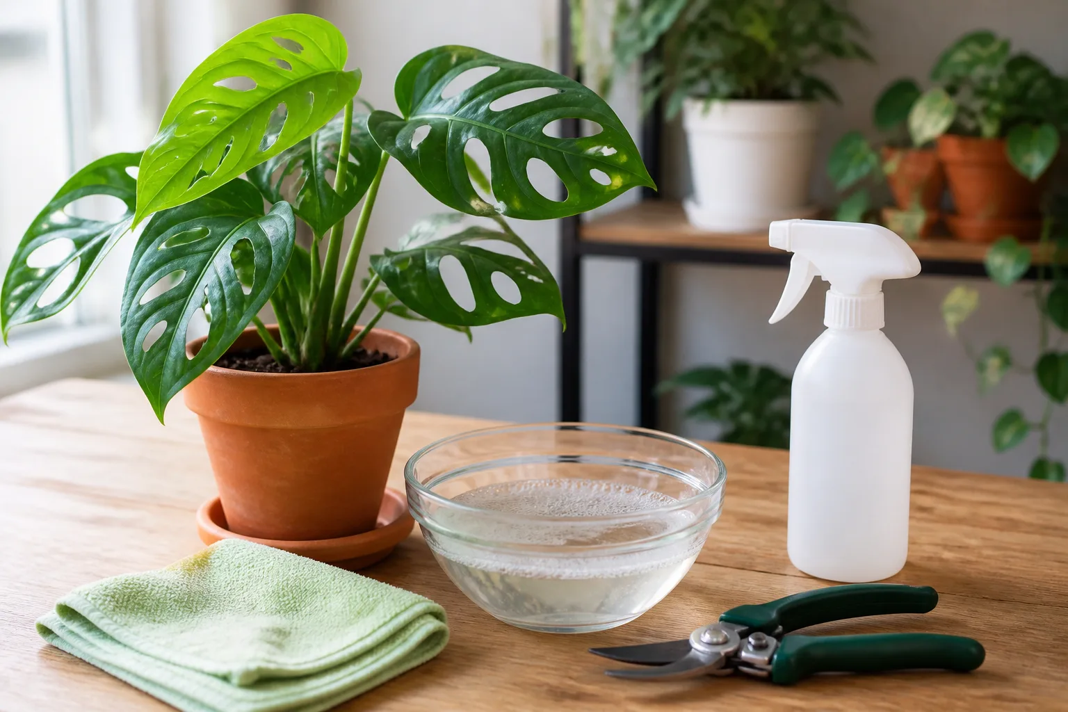Hands dropping a soft green caterpillar into a jar of soapy water beside a houseplant with chewed leaves and wiped frass on a paper towel