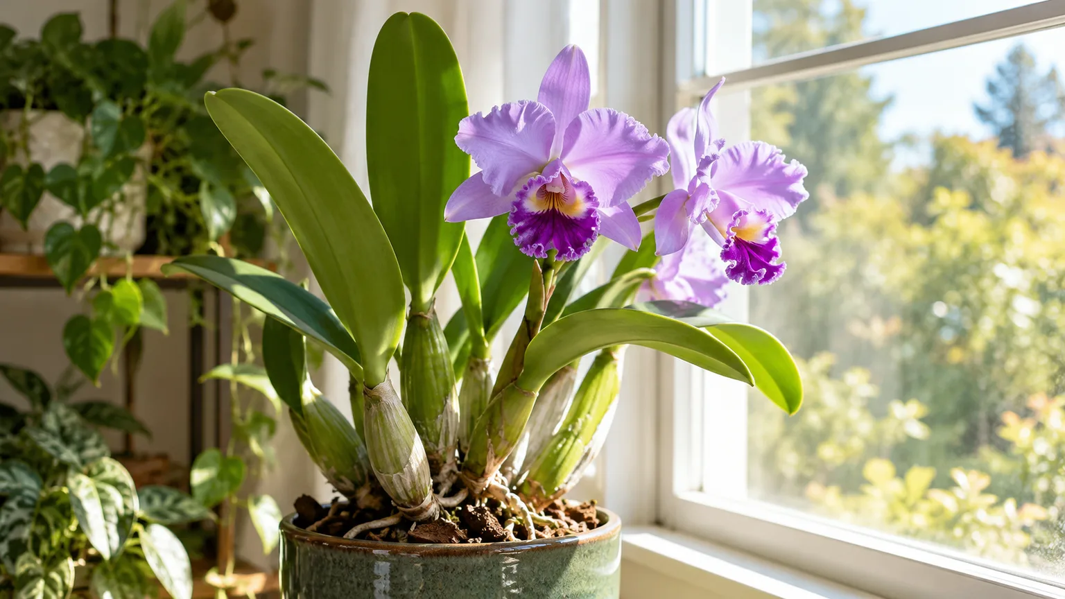 A healthy Cattleya orchid growing in bright window light
