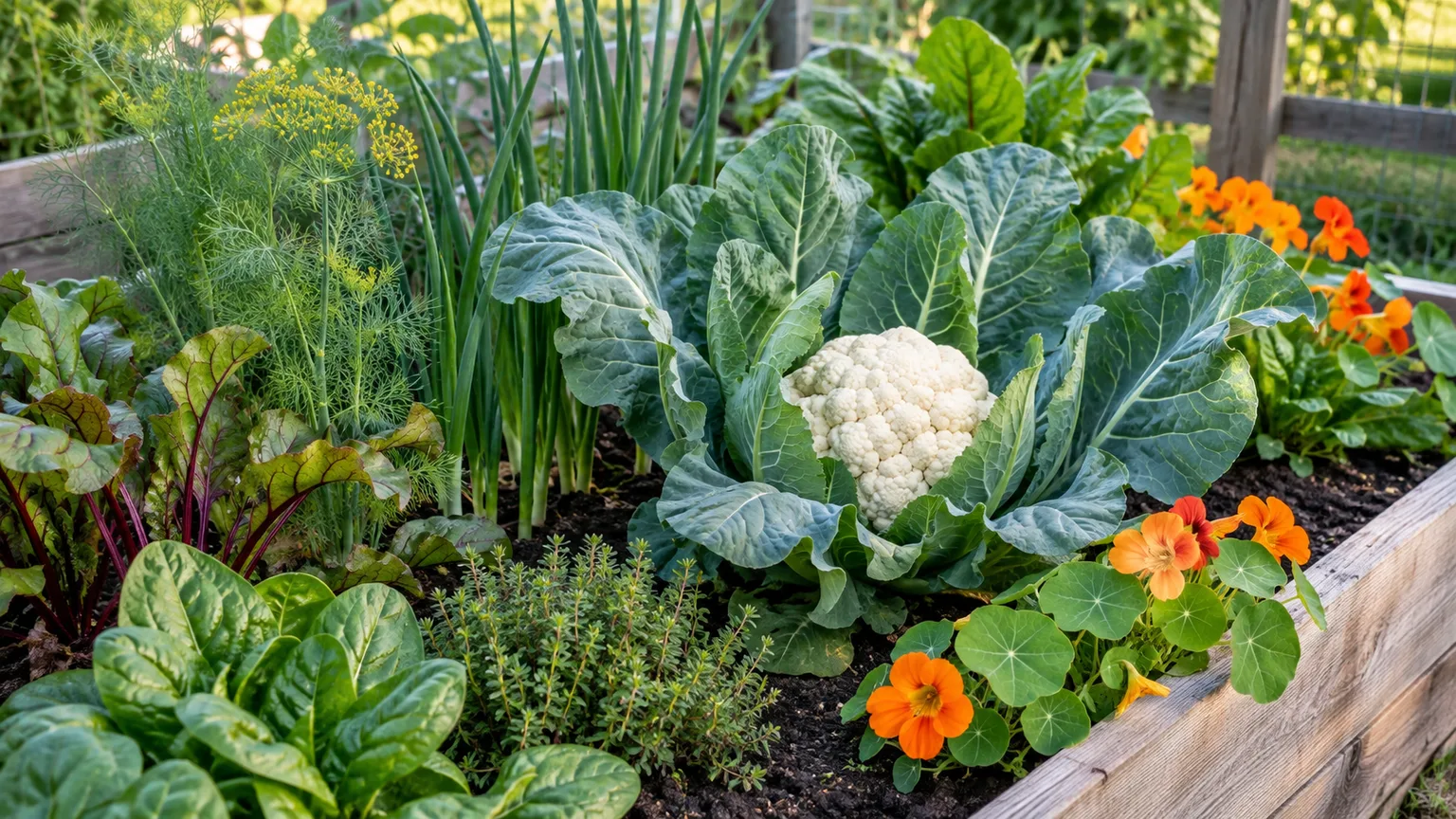 Healthy cauliflower growing with onions, dill, spinach, beets, and nasturtiums in a raised garden bed