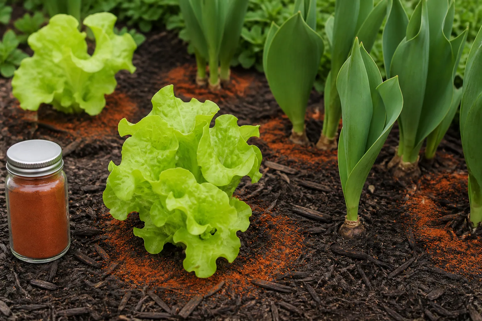Thin red cayenne powder dusted in a ring on mulch around lettuce seedlings and tulip bulbs in a backyard garden bed