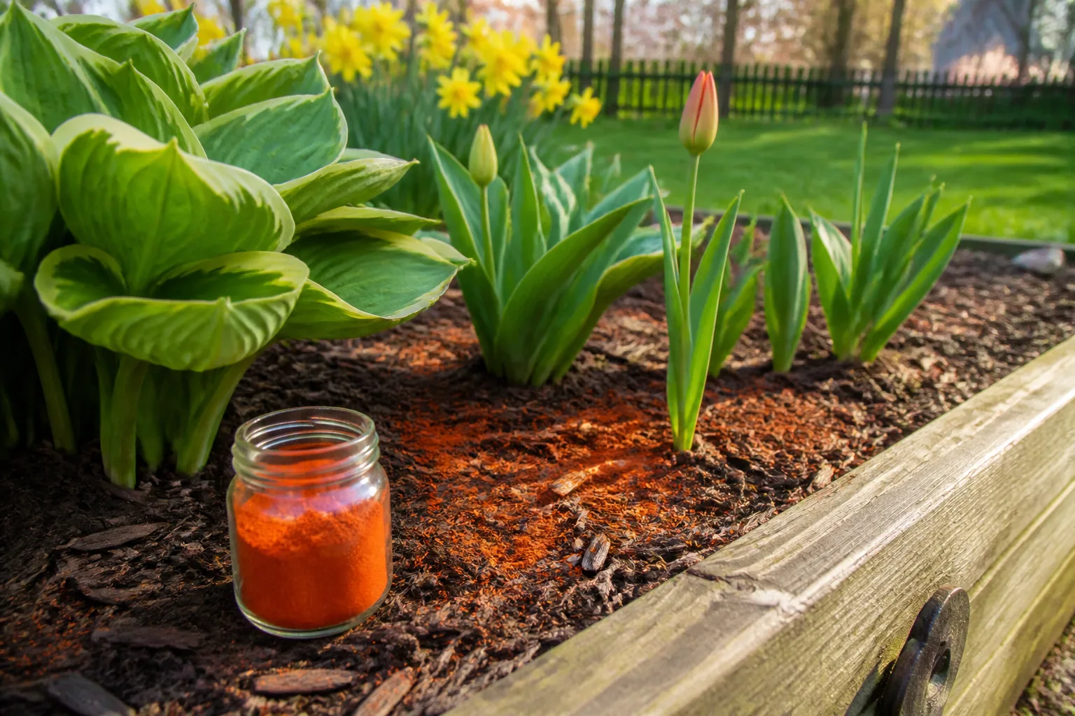 Backyard garden bed with soil and plants where humane squirrel deterrents are applied
