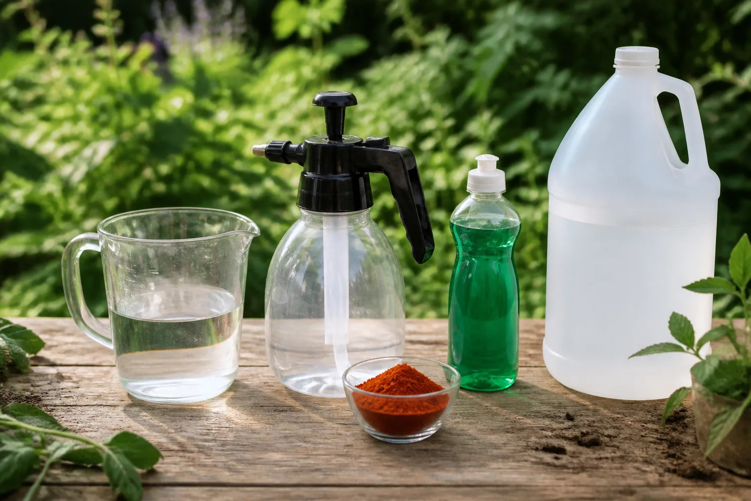 Cayenne pepper powder, dish soap, water jug, and garden spray bottle arranged on an outdoor potting bench for mixing pest deterrent spray