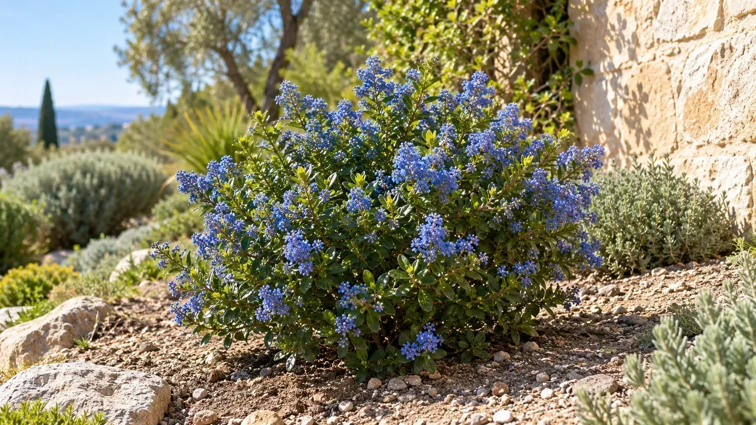 Blue-flowering California lilac planted in a sunny, sheltered, gravelly garden bed beside a wall