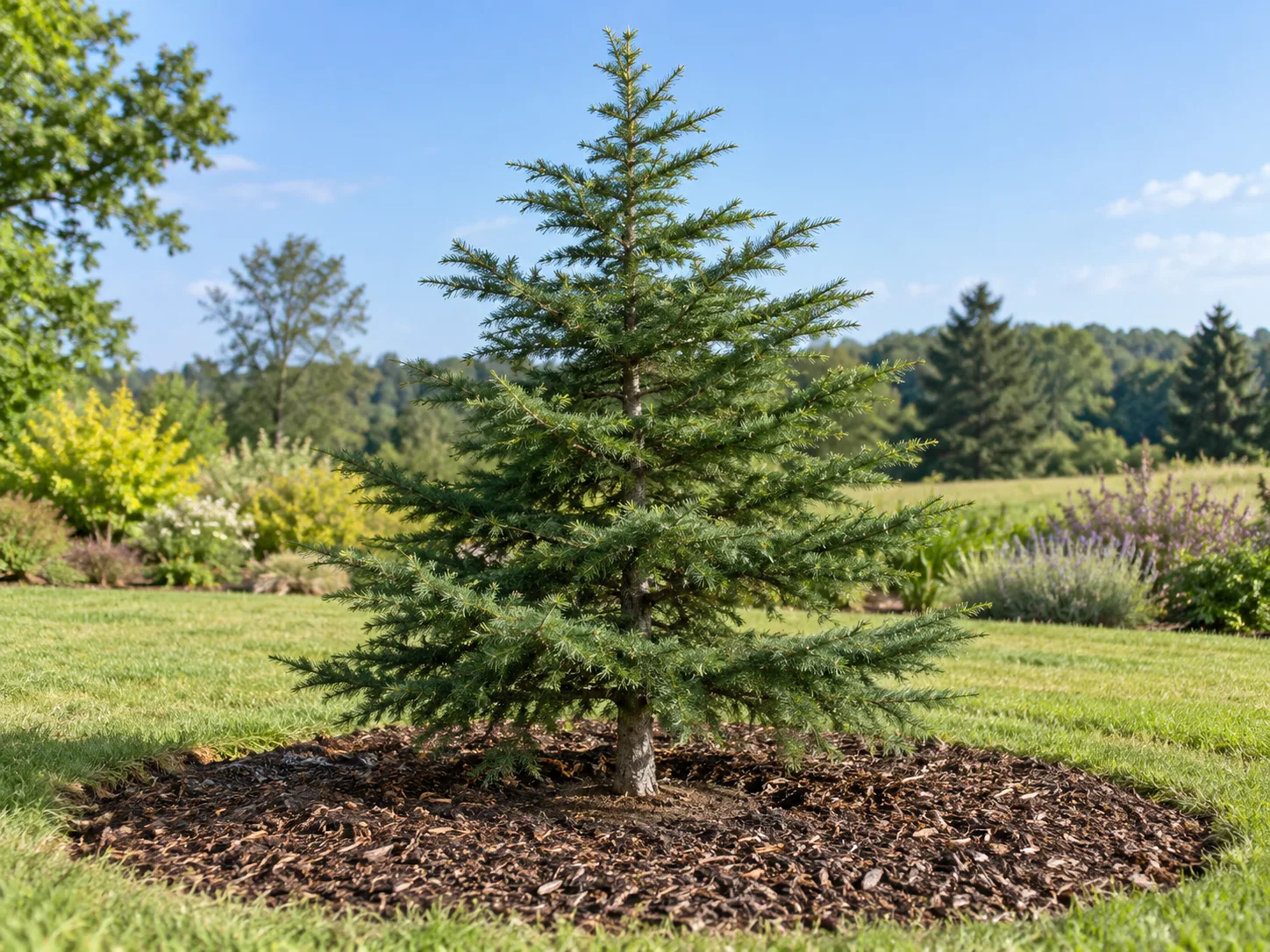 A young Cedar of Lebanon planted at grade in a sunny, well-drained garden with mulch kept away from the trunk