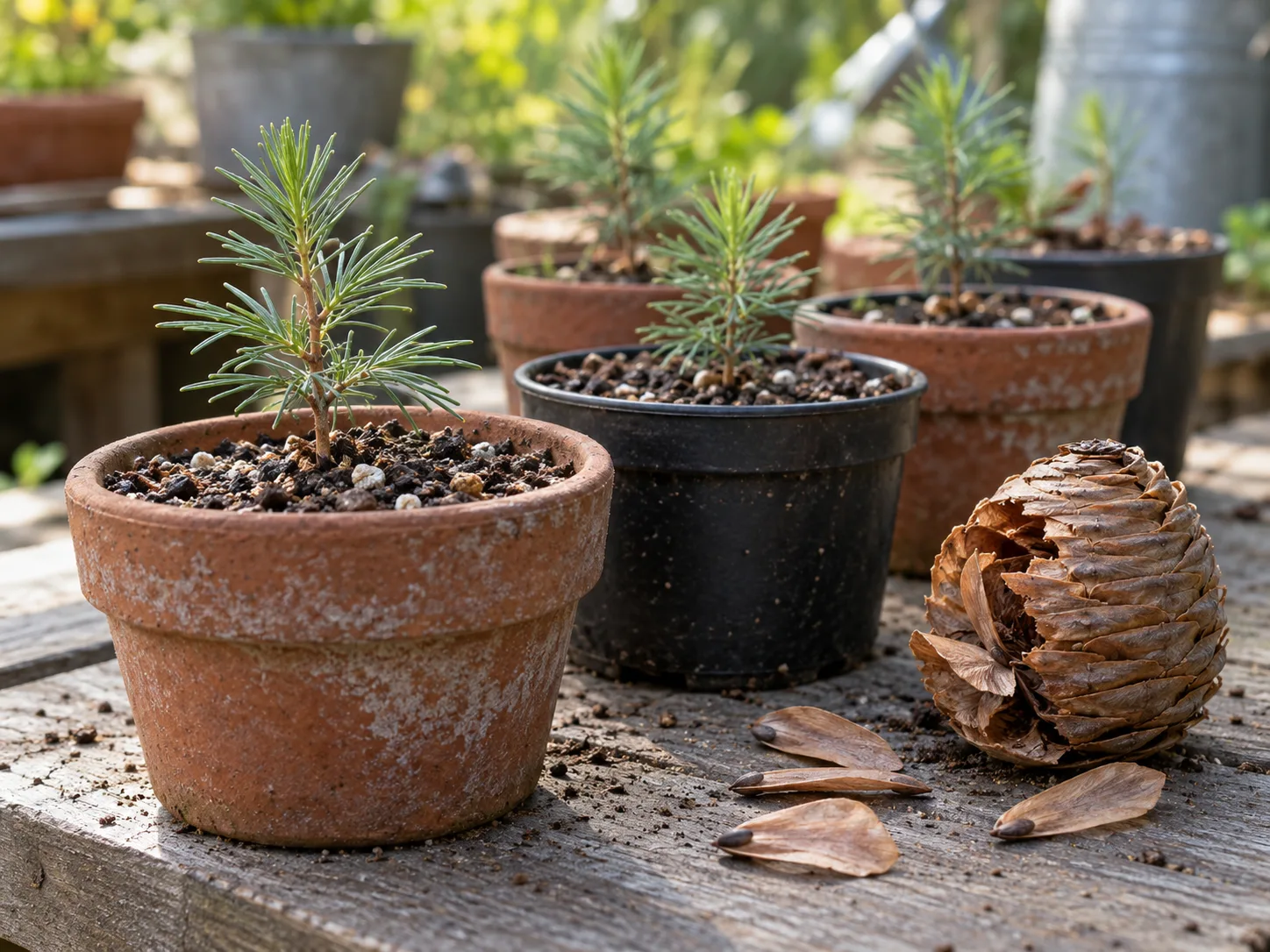 Young cedar seedlings in separate pots beside winged cedar seeds and a partly opened cone