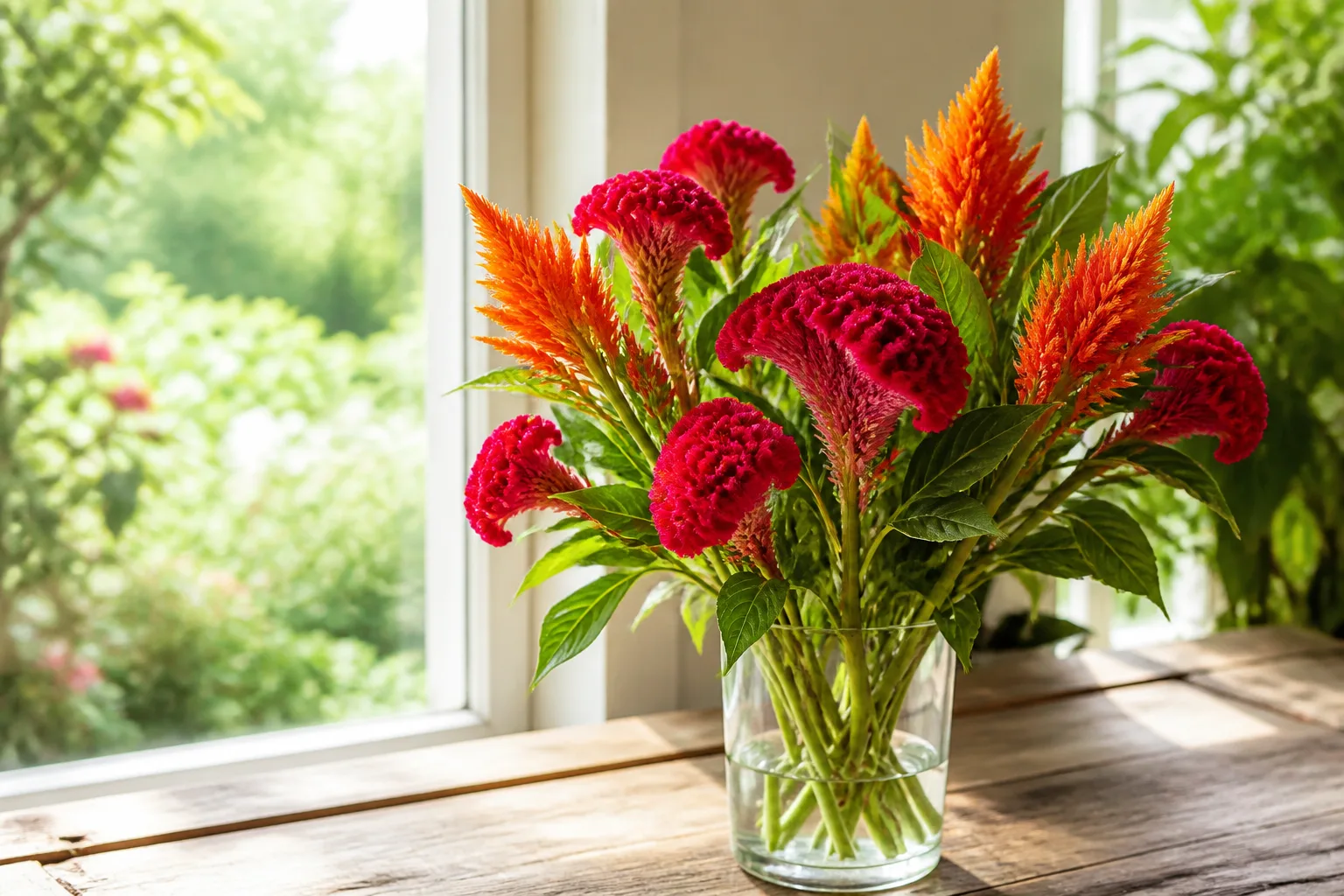 Fresh-cut celosia stems with red cockscomb and orange plume flowers arranged in a glass vase