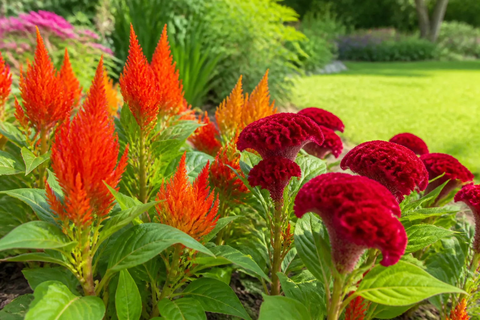 Vibrant red and orange celosia flowers with velvety cockscomb and feathery plume blooms in a sunny summer garden border