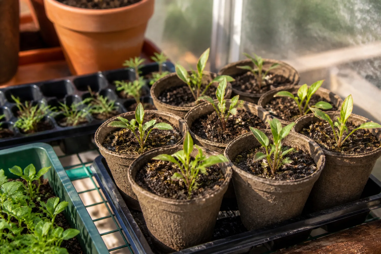 Young vegetable seedlings in black cell trays under bright grow lights on a potting bench