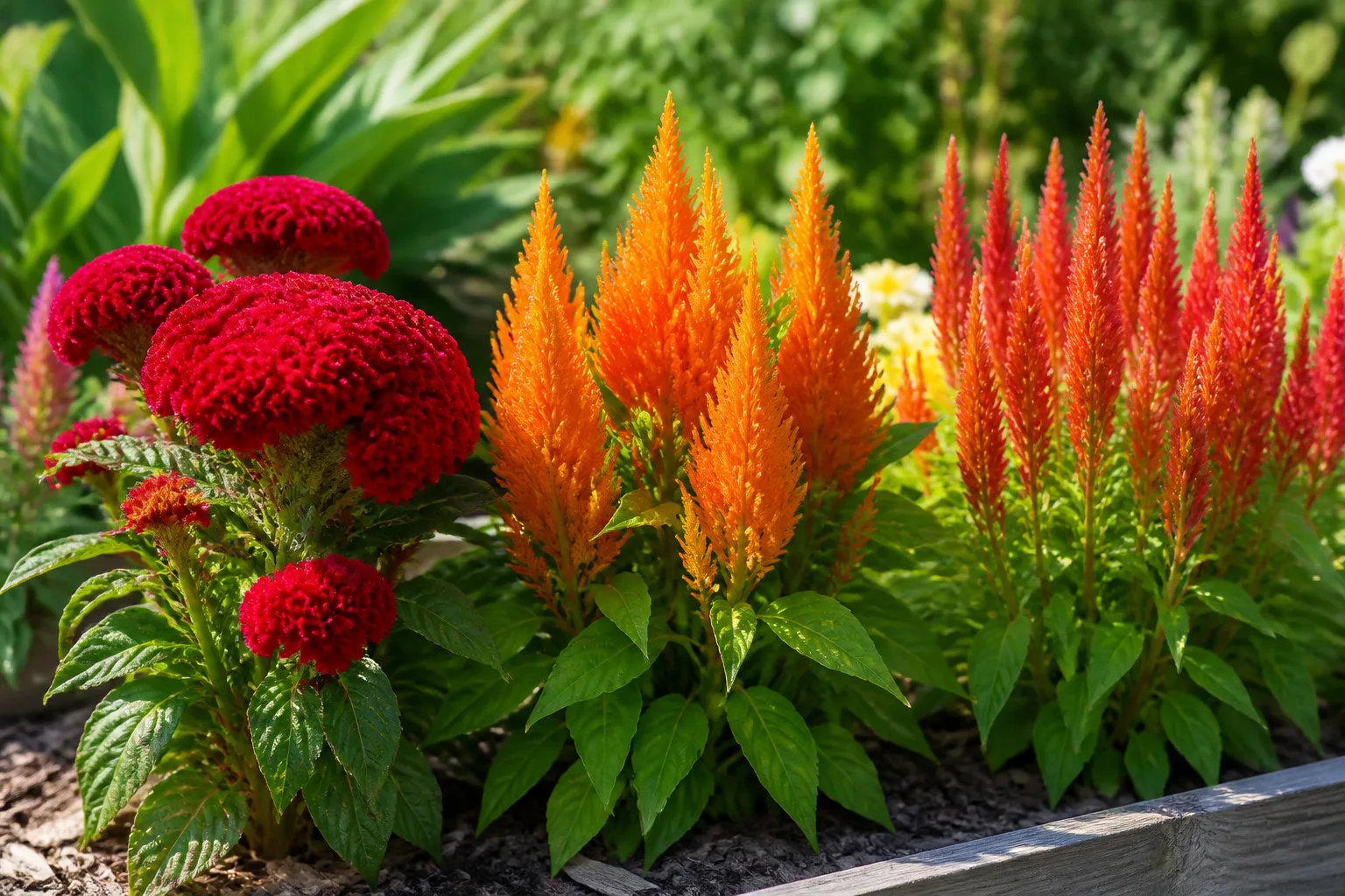 Three celosia flower forms in a sunny garden bed showing red cockscomb crest, orange feather plumes, and coral wheat-like spikes
