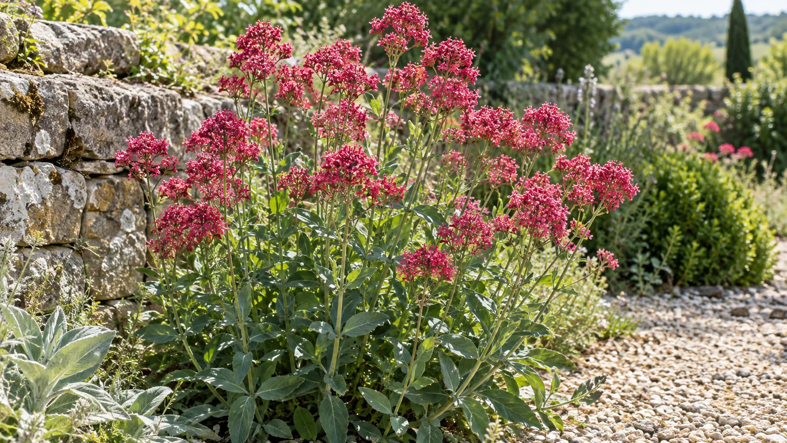 Spur valerian with crimson-pink flower clusters in a sunny gravel garden beside a stone wall.
