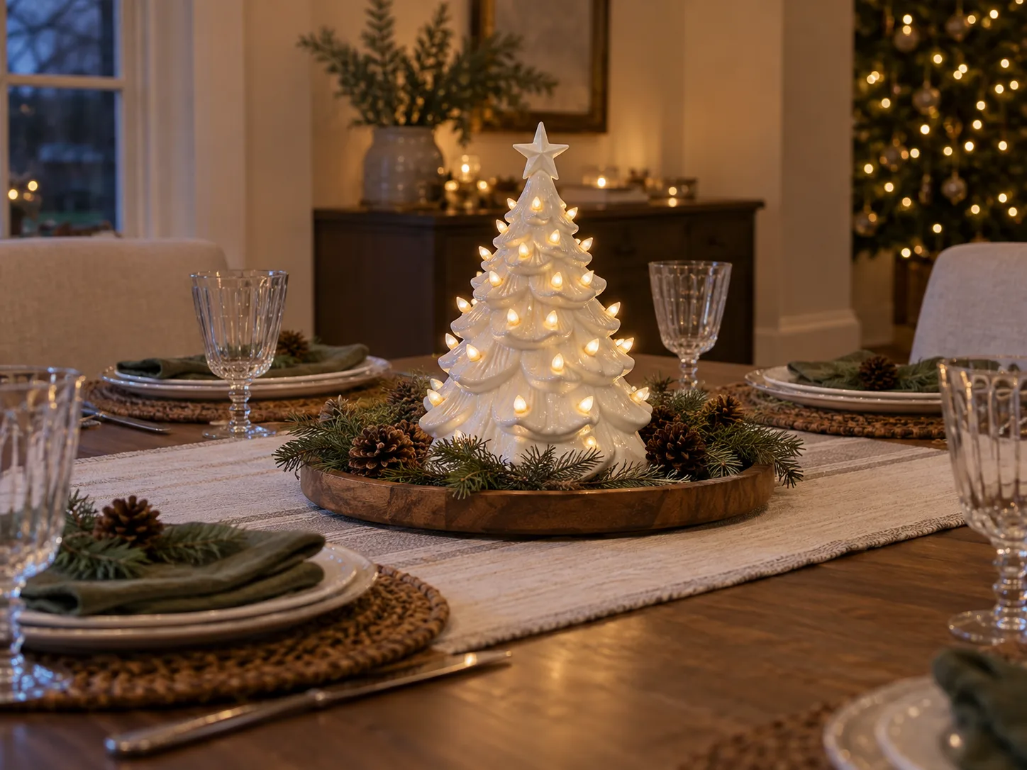 A small illuminated ceramic tree sits among evergreen branches on a dining table