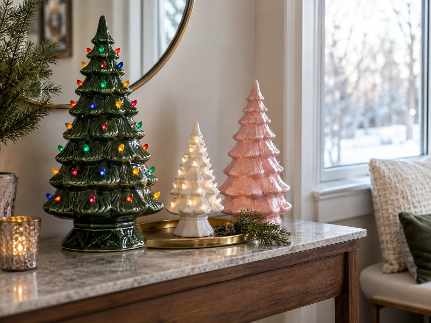 Three ceramic Christmas trees in green, white, and pink arranged on a narrow console table