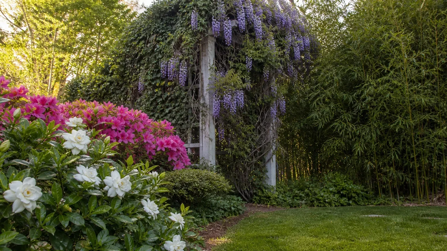 Flowering gardenia and azalea beside an overgrown wisteria arbor and running bamboo