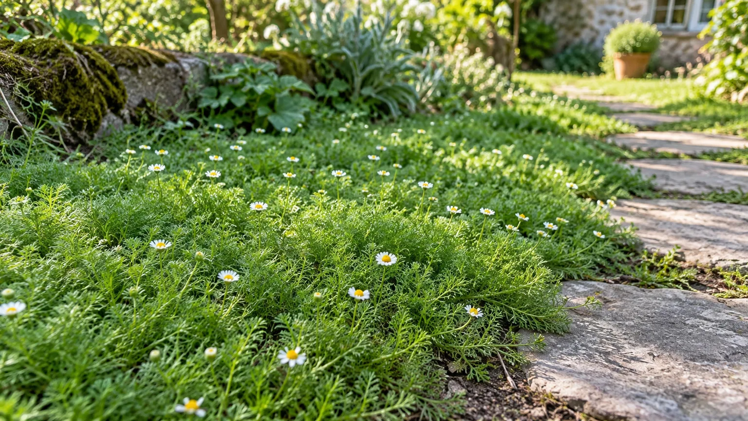 Low Roman chamomile lawn with feathery foliage and small white flowers beside a stepping-stone path.
