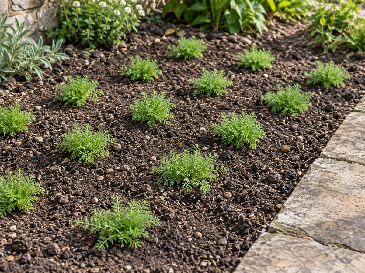 Newly planted Roman chamomile plugs spaced through prepared soil beside a stone path.
