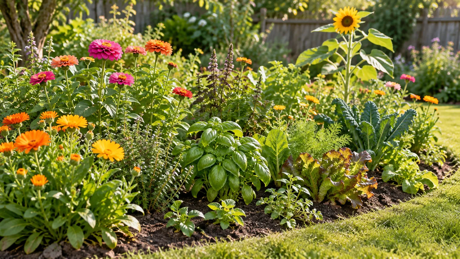 Informal backyard garden bed with flowers, herbs, leafy greens, and a sunflower growing together