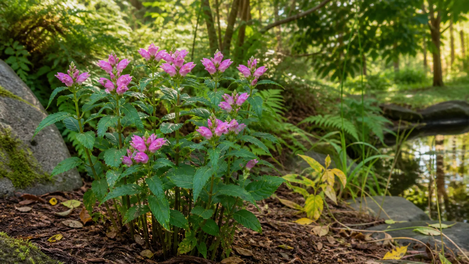 Healthy pink turtlehead blooming beside a damp woodland pond edge
