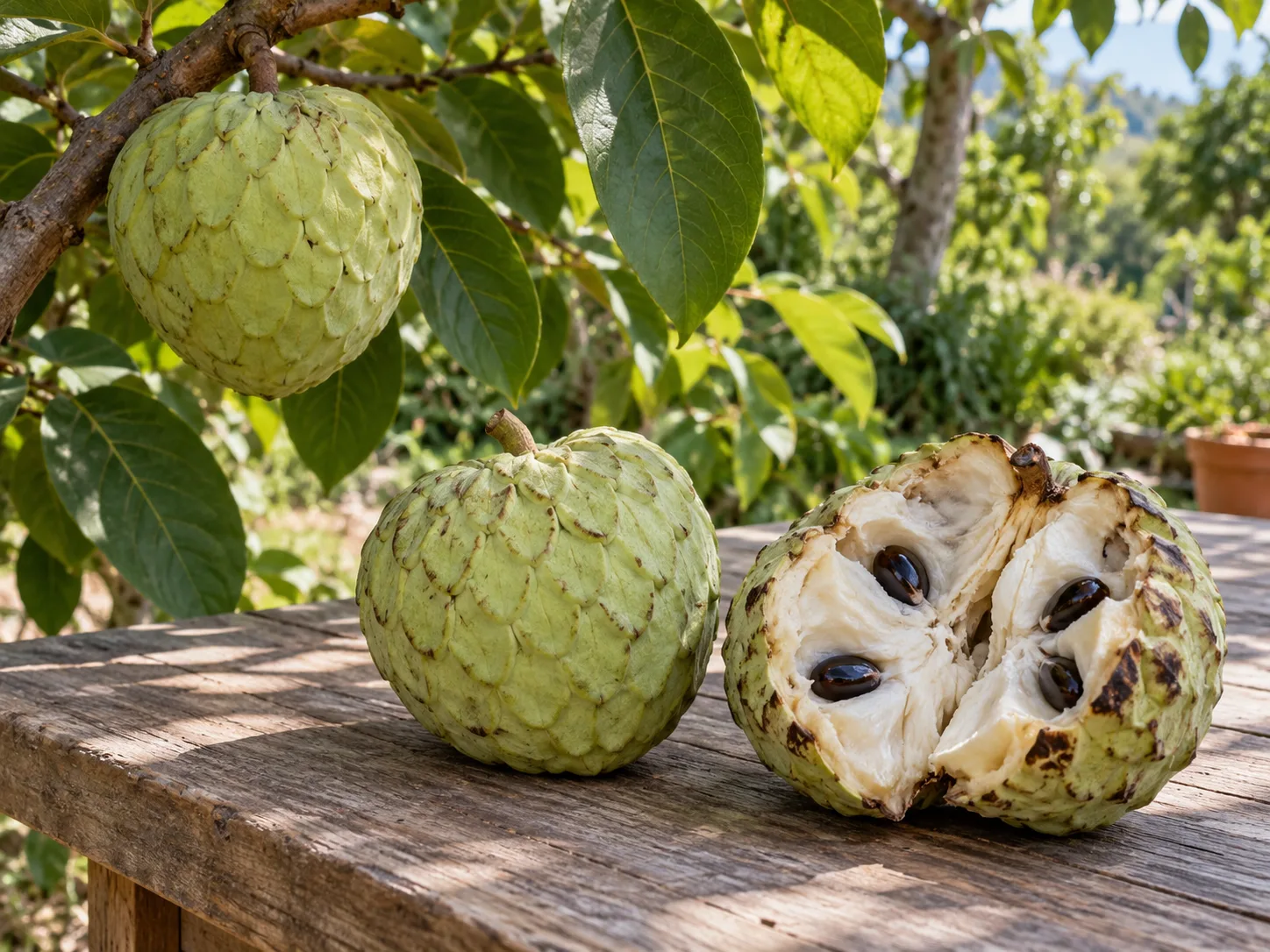 Mature cherimoya fruit on the tree beside picked fruit ripening indoors
