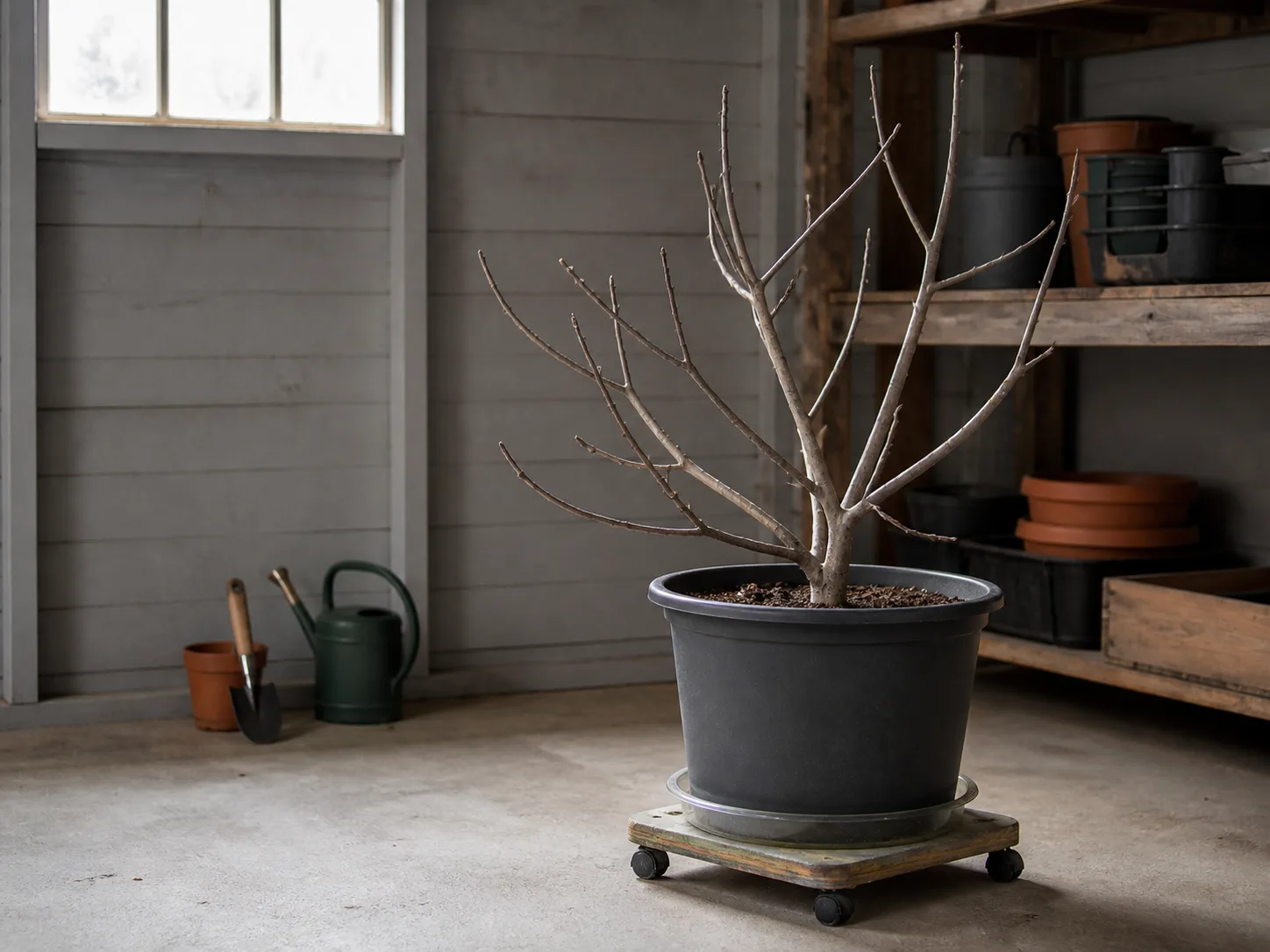 Dormant potted Chicago Hardy fig in a cool garage on a plant dolly