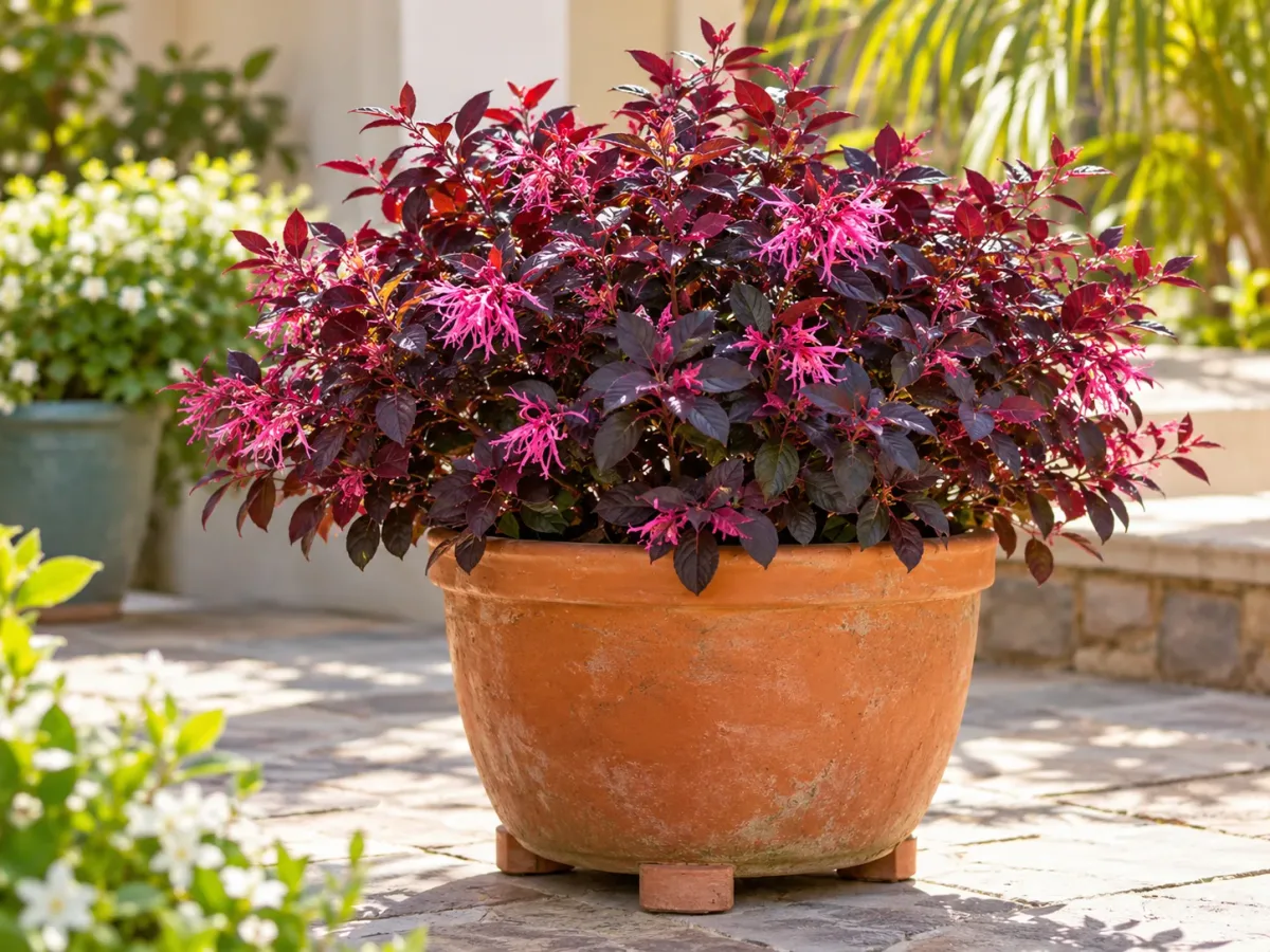 Compact Chinese fringe flower in a raised terracotta patio container