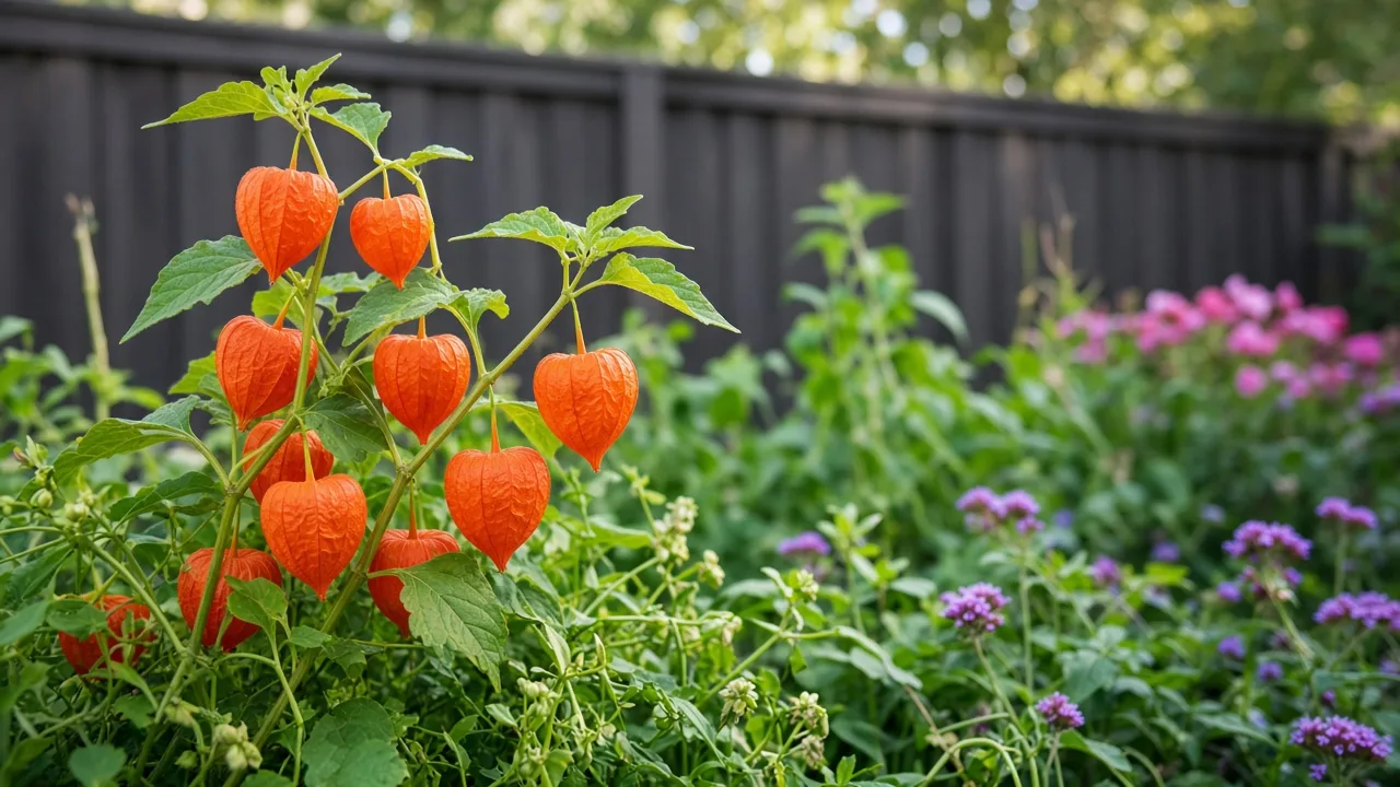 Healthy Chinese lantern plant with orange papery calyces in a sunny garden
