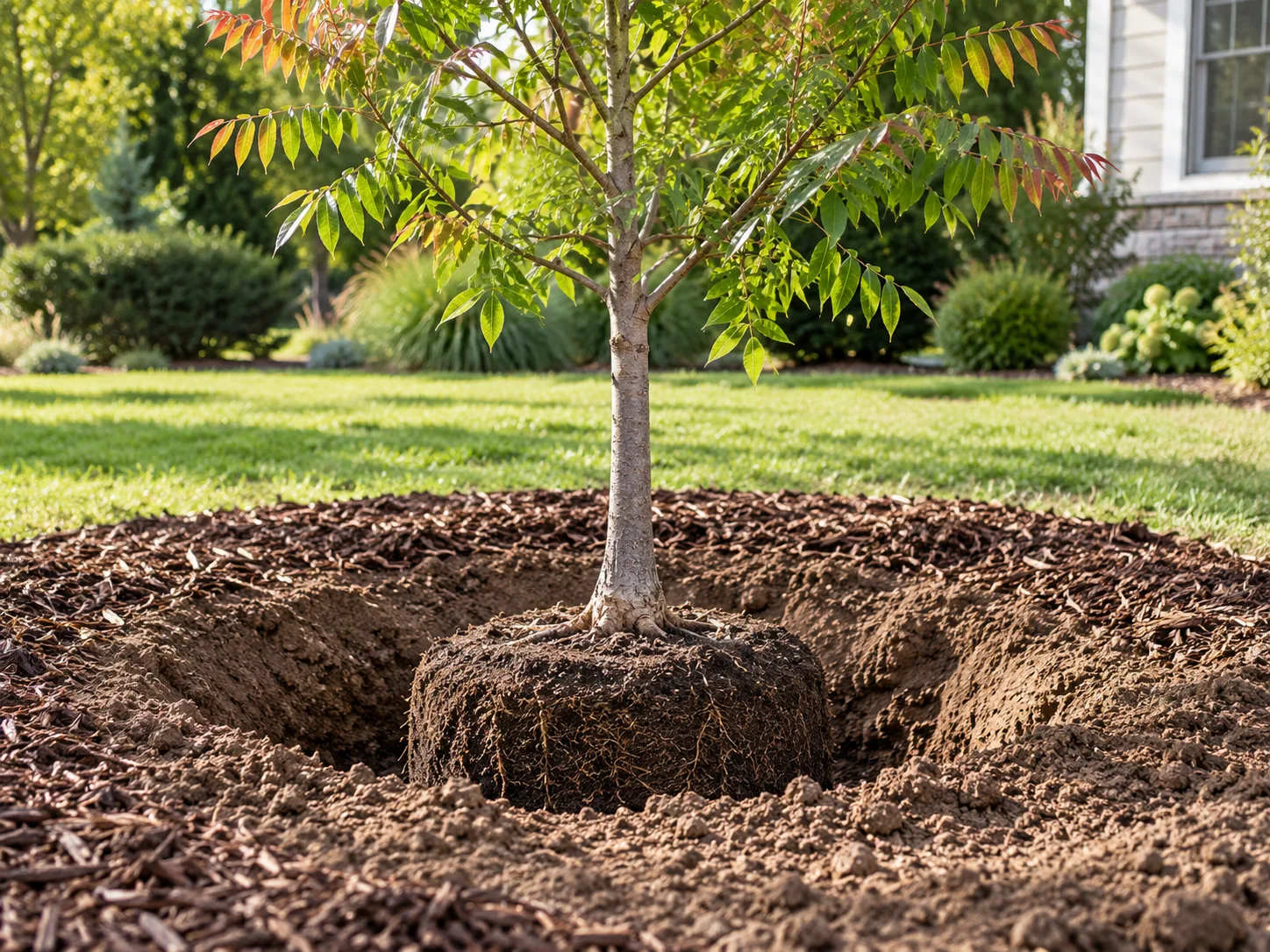 Newly planted Chinese pistache with the root flare visible above grade and mulch pulled back from the trunk