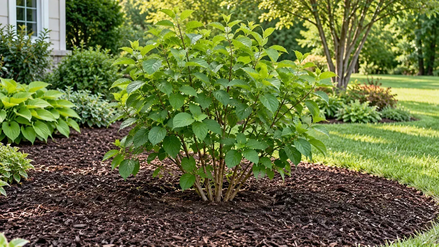 Young Chinese snowball viburnum planted in a mulched garden bed with open room around the shrub