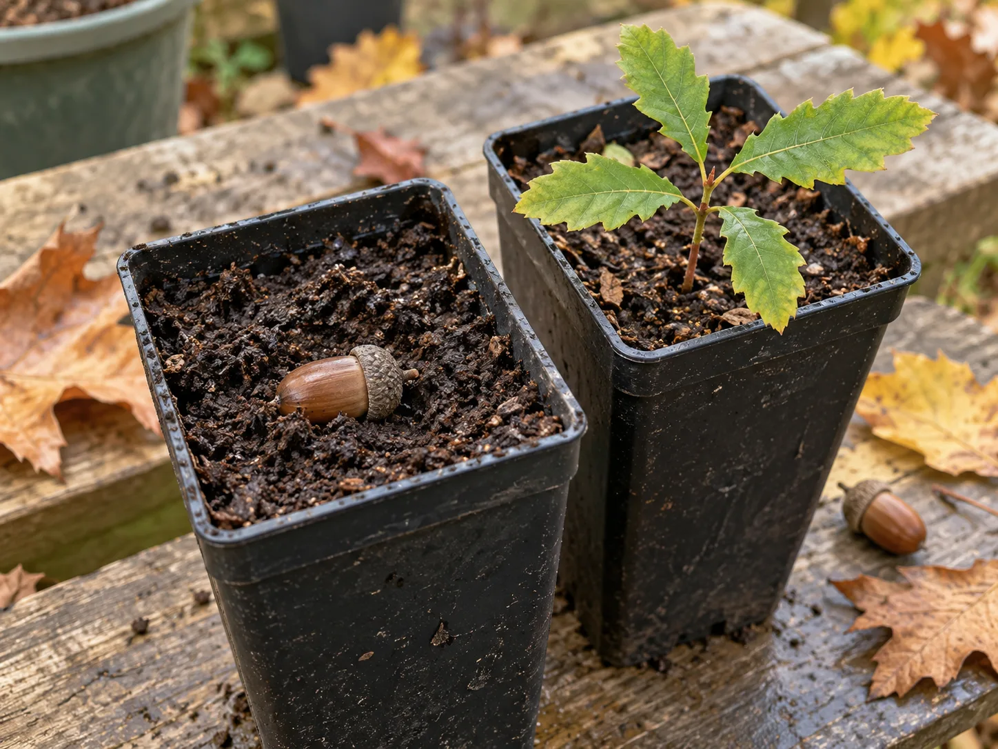 Fresh oak acorns sown shallowly in deep nursery pots beside a young oak seedling.