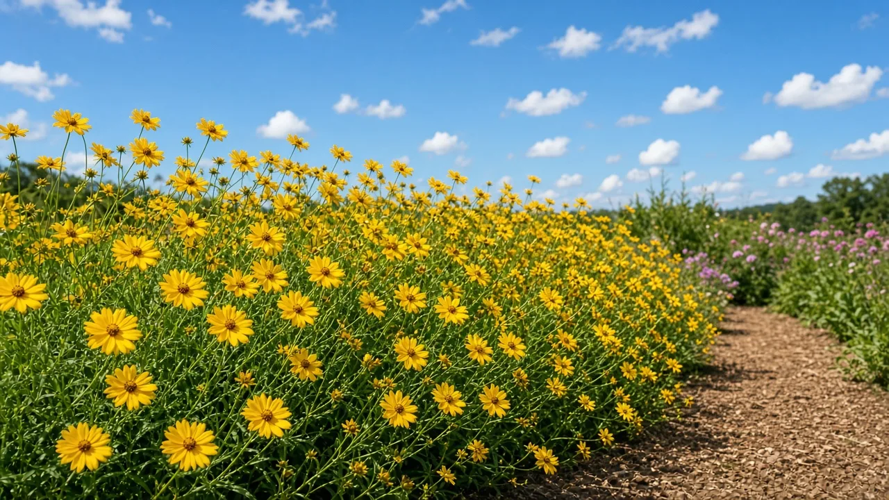 Golden-yellow coreopsis blooming in a sunny garden bed