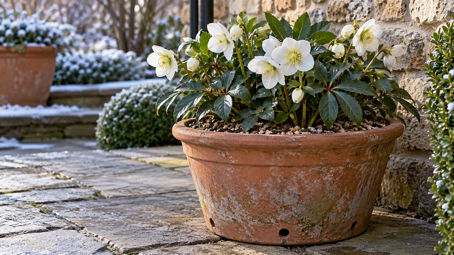 Christmas rose growing in a deep terracotta container with free-draining compost on a sheltered winter patio