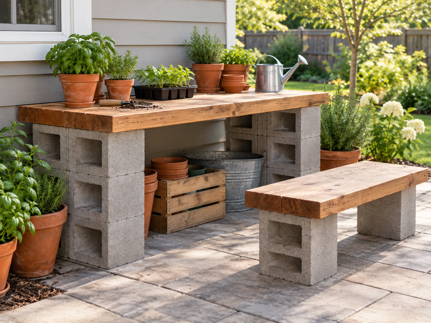 An outdoor potting table and small bench with a timber top supported by stable cinder block piers