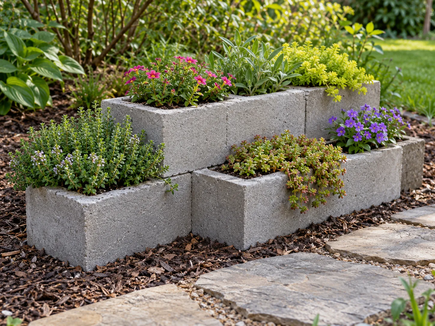 A low staggered cinder block planter with herbs, sedum, and flowers in its planting pockets