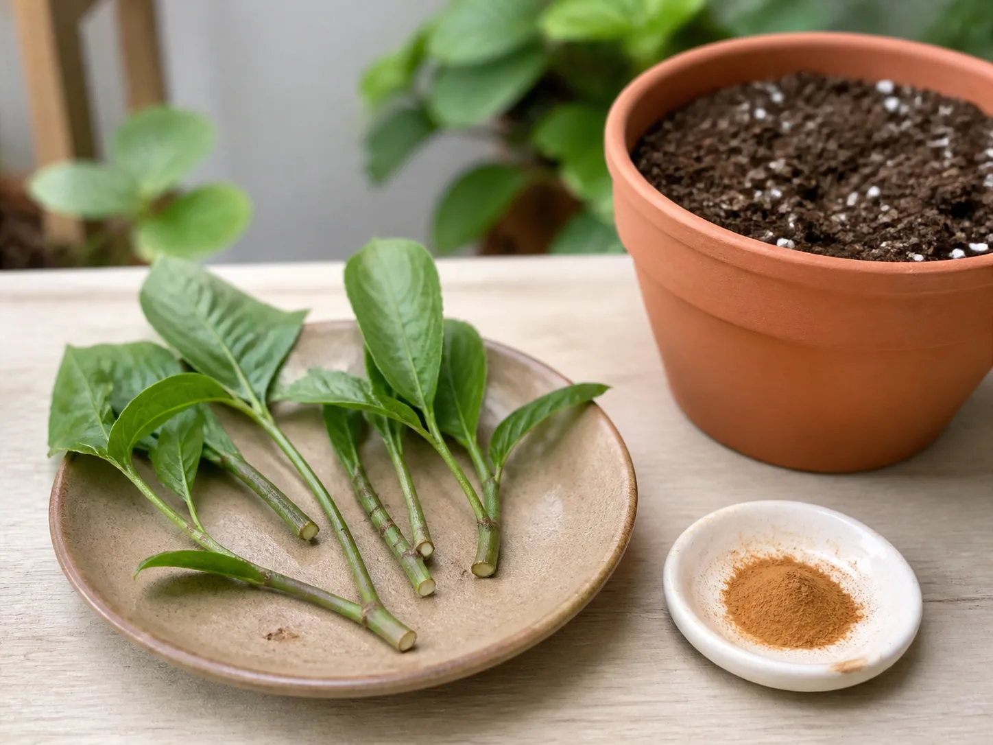 Healthy stem cuttings resting on a clean saucer beside a small amount of ground cinnamon and airy propagation mix