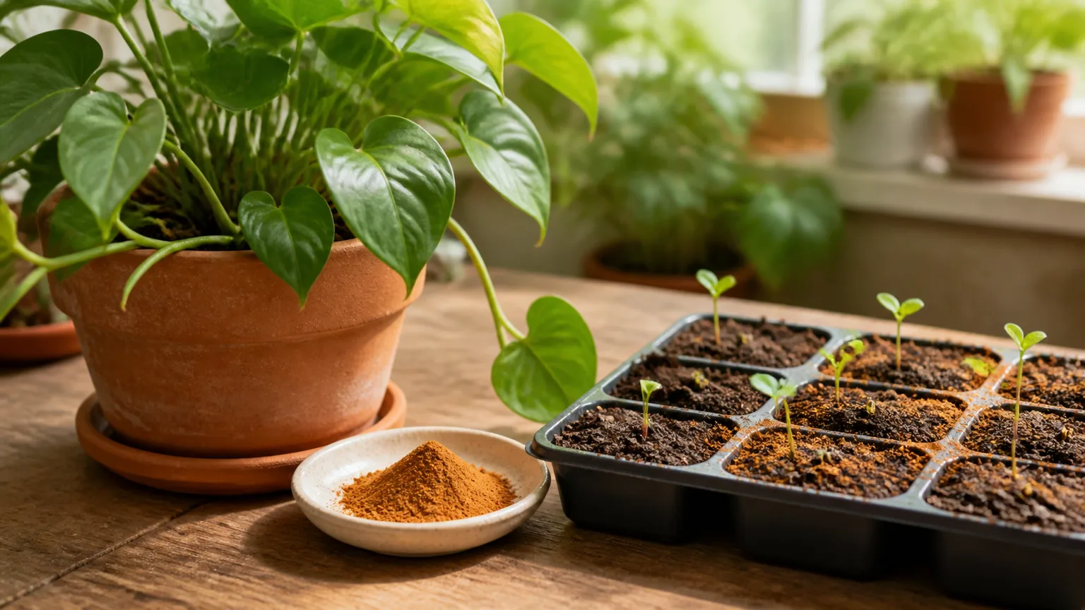 Ground cinnamon beside healthy seedlings and a potted houseplant on a potting bench