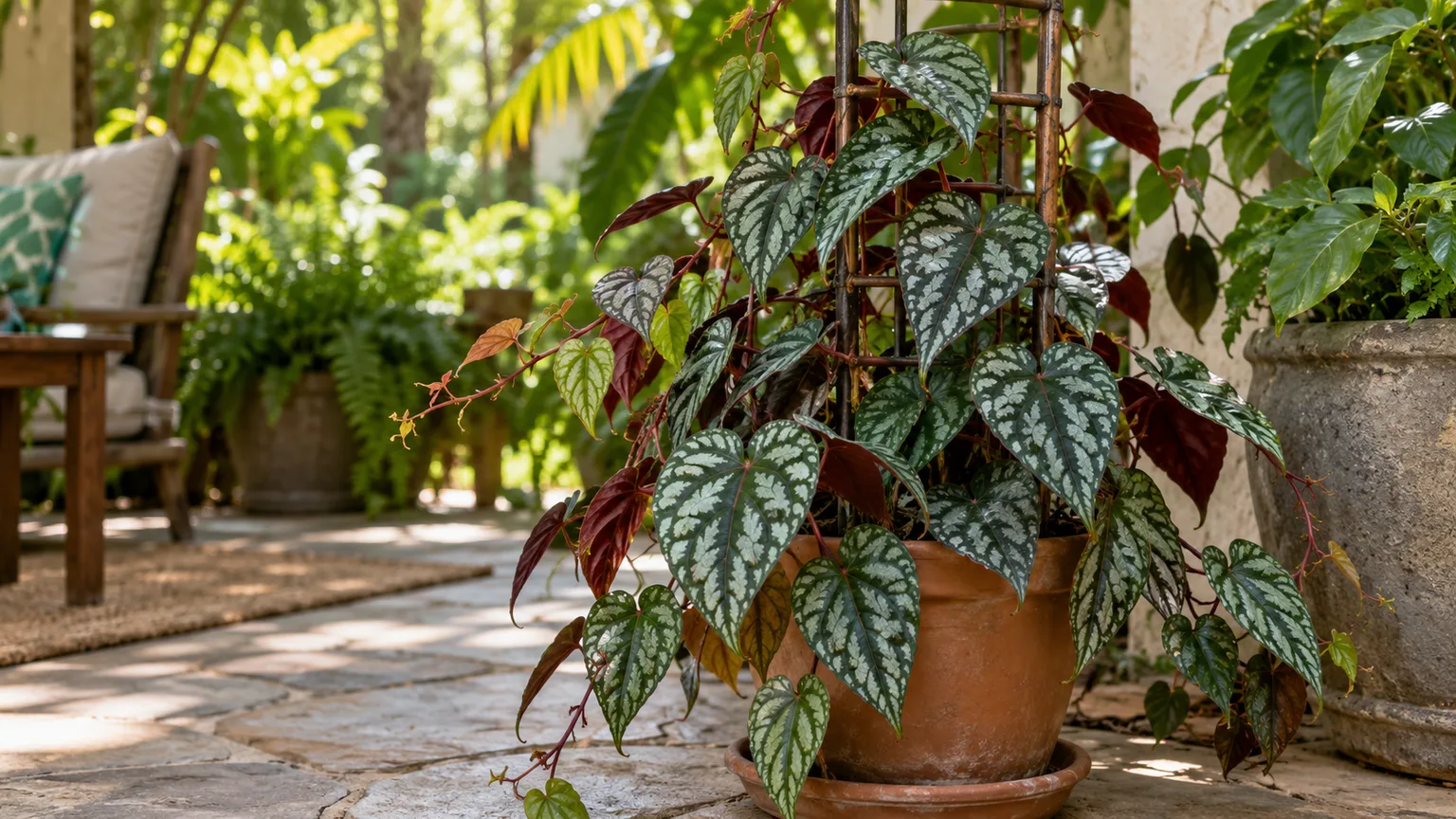 Cissus discolor climbing a small trellis in a sheltered, partially shaded patio container
