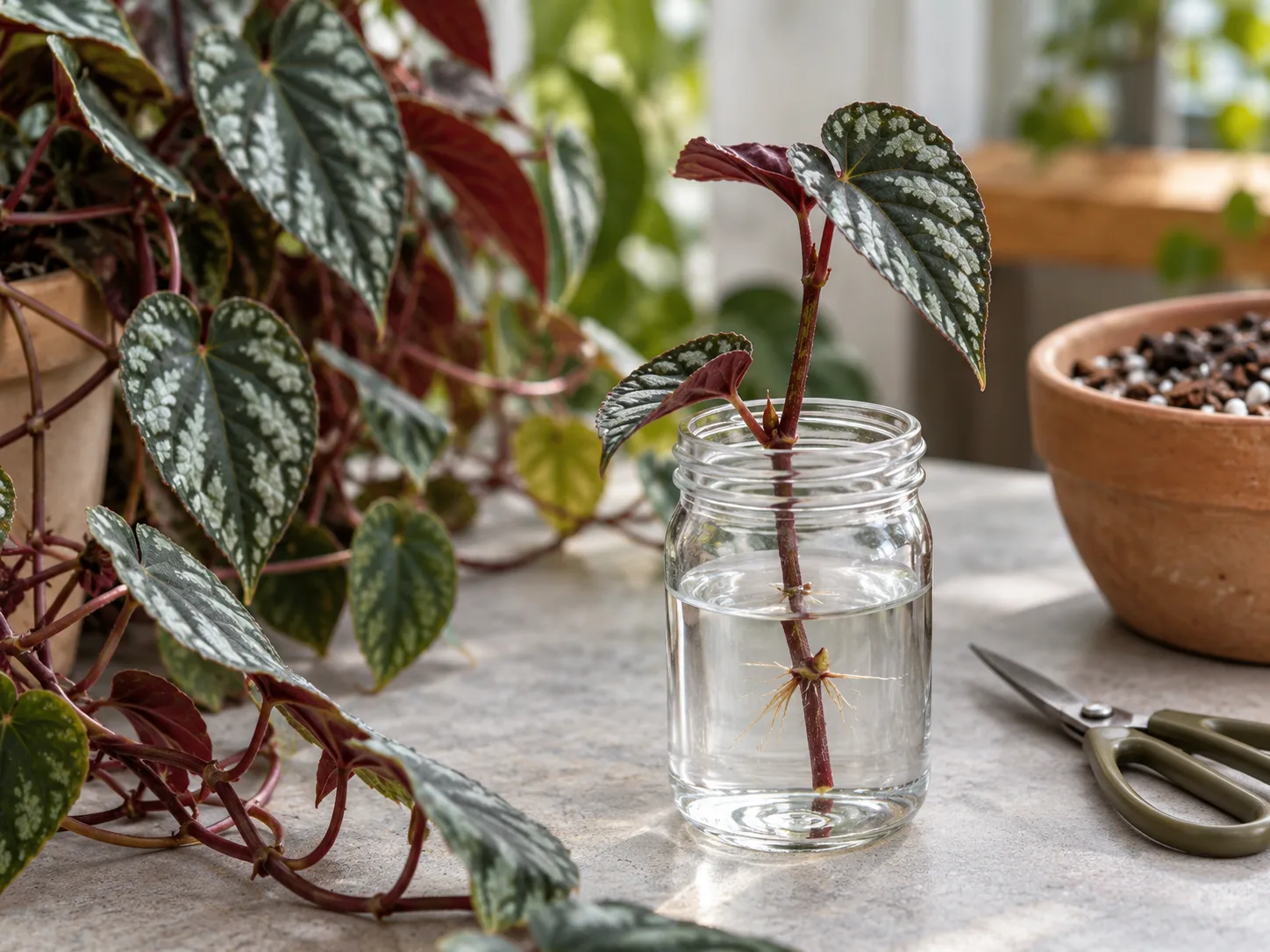 Cissus discolor stem cutting with a node rooting in water beside the parent vine