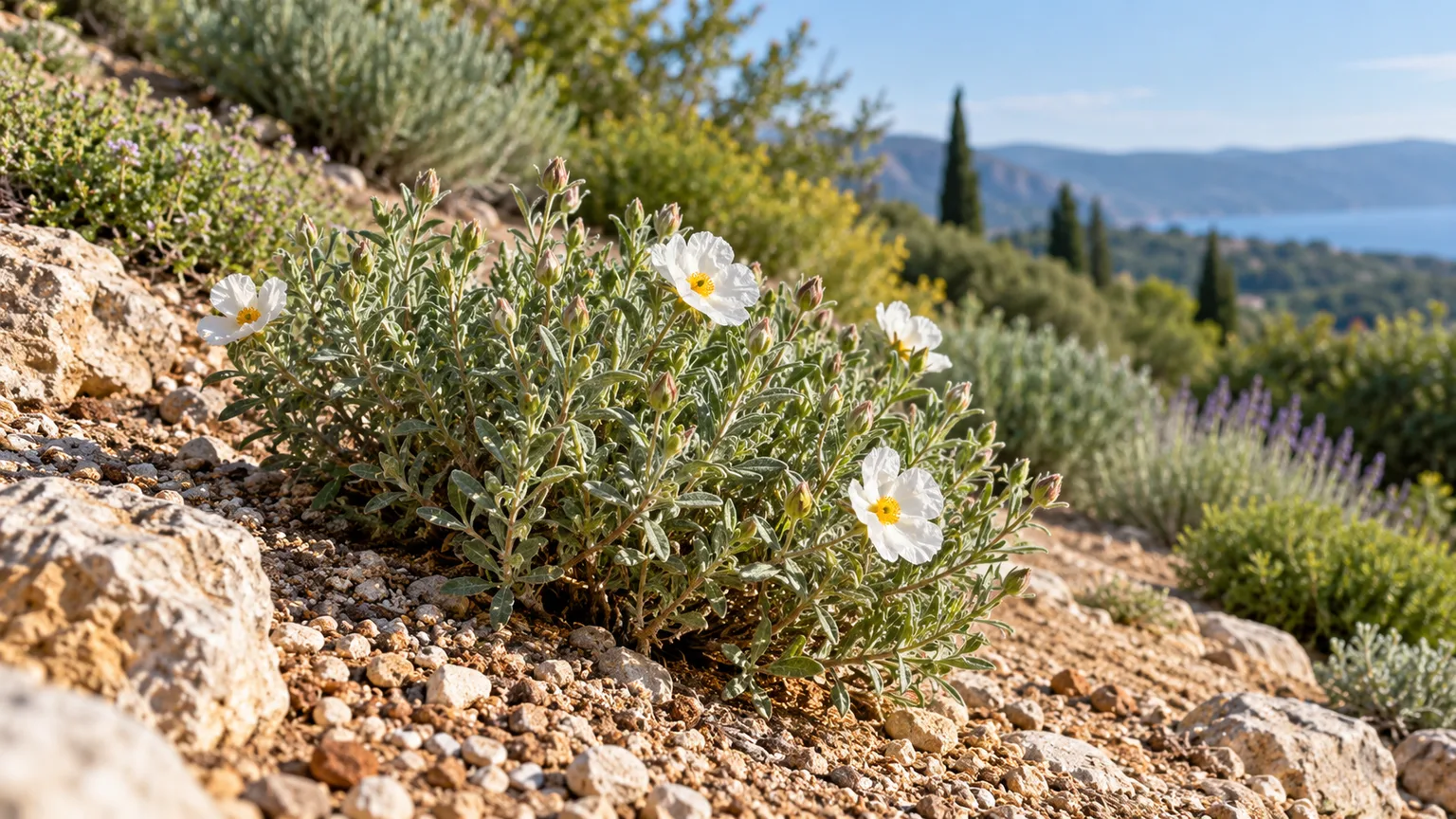 A young Cistus rockrose growing in a sunny, gravelly garden bank with fast-draining soil