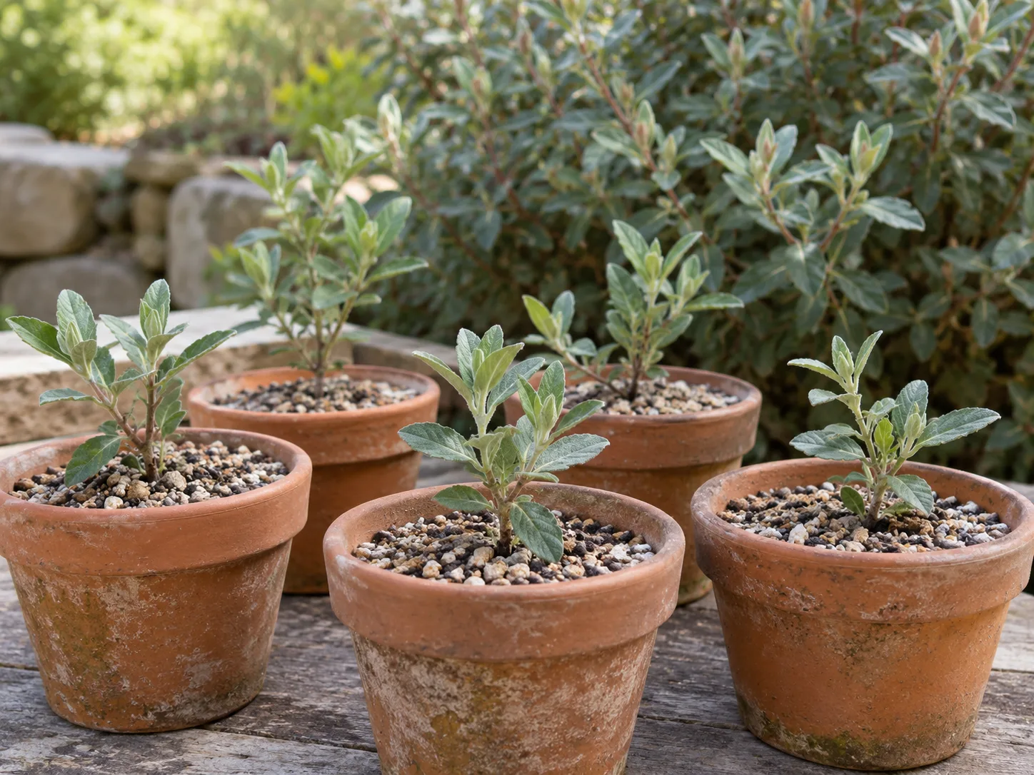 Young Cistus cuttings in gritty propagation mix, rooting in small pots in bright shade