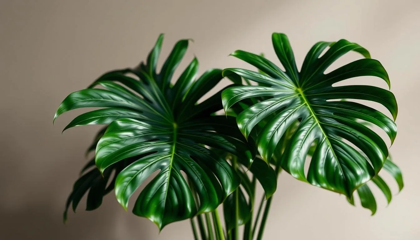Large glossy Monstera deliciosa leaf on a windowsill showing visible dust buildup before cleaning